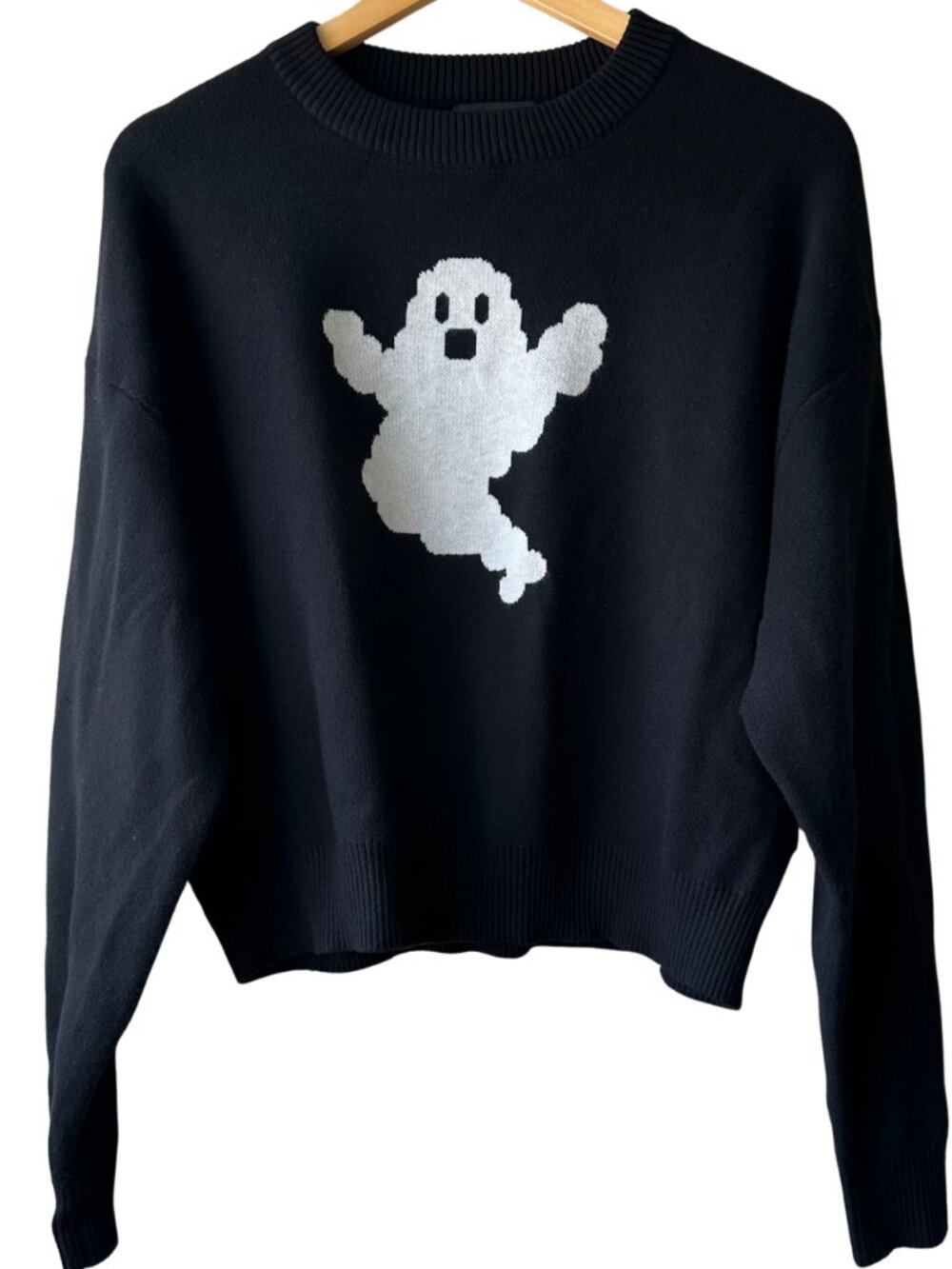 Forever 21 Women's L Black Ghost Halloween Pullover Knit Sweater Spooky Fall